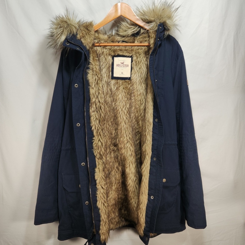 Hollister Womens Size XL Navy Blue Faux Fur Lined Hooded Parka Jacket NWOT - Picture 3 of 10